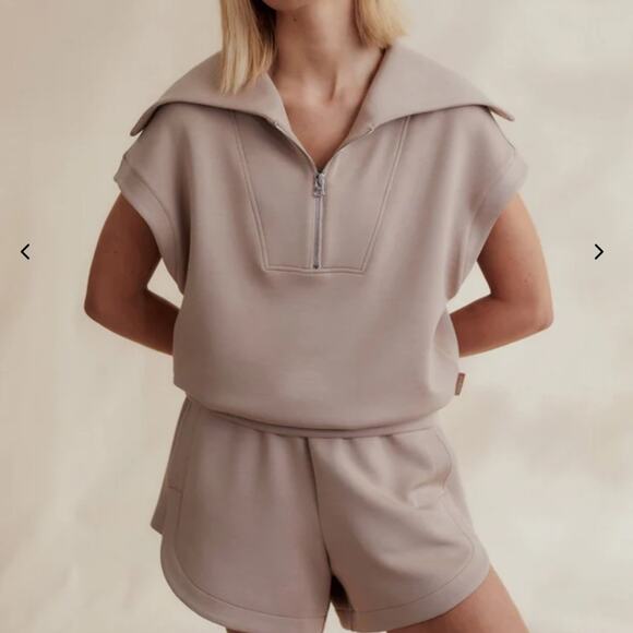 Varley Dexter Half Zip Sweat Top Taupe Neutral Athleisure Cape Collar Medium - Picture 16 of 16